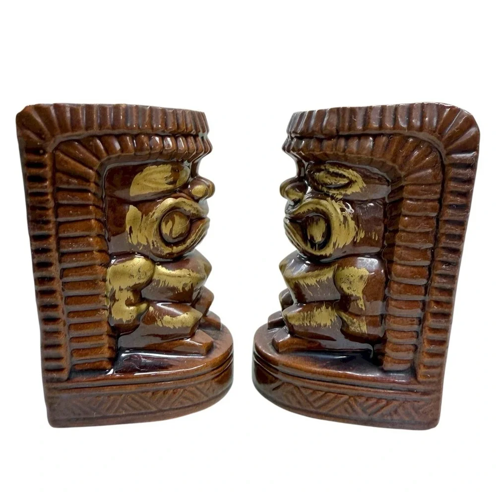Vintage Tiki Hawaiian Ceramic Salt & Pepper Shakers Brown Gold‎ Made In Japan